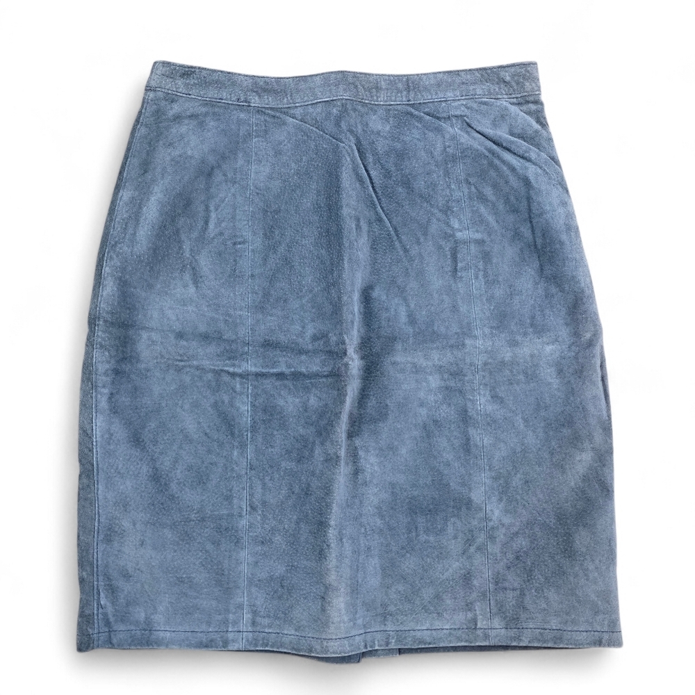 Vintage 90s Dusky Blue Genuine Suede Leather Pencil Skirt 11/12 Lined Midi